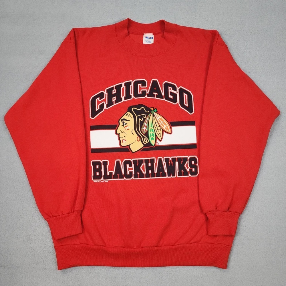 Vintage Chicago Blackhawks Sweatshirt Mens L Red Trench USA NHL Hockey Spellout